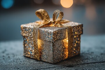 Sparkling golden gift box adorned with glitter and ribbon, illuminated softly, creating a festive atmosphere for New Year and Christmas celebrations with copy space