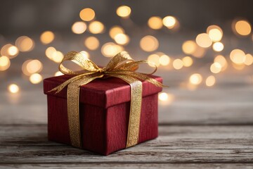 Square red gift box with golden ribbon sits on rustic wooden surface, surrounded by soft bokeh lights, evoking warmth and joy of New Year and Christmas celebrations
