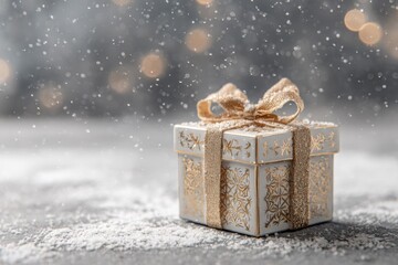 White gift box adorned with golden pattern and ribbon, resting on snowy surface, surrounded by soft bokeh lights, evoking festive New Year and Christmas spirit with copy space
