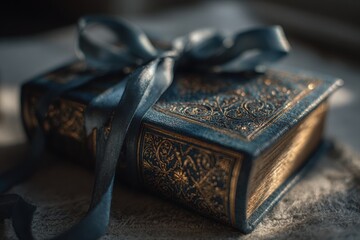 Elegant blue gift box adorned with golden embossing and a satin ribbon, beautifully presented on a soft textured surface, perfect for New Year and Christmas celebrations