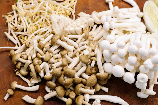 Setras shimeji hypsizygus marmoreus mushrooms on a wooden cutting board in a kitchen