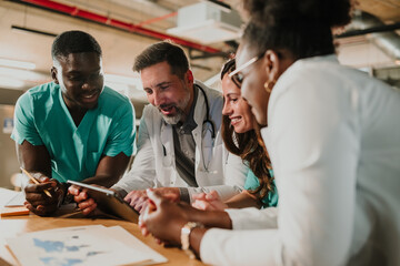 Medical team collaborating and discussing patient data on tablet