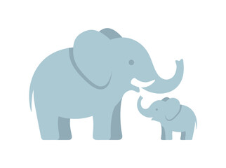 Obraz premium A cartoon illustration of an African savannah elephant and its calf, depicted as a colorful flat vector on a white background, showcasing a charming parent‑offspring pair among wild herbivorous
