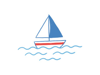 Fototapeta premium A hand‑drawn doodle depicting a colorful passenger ship, sailing boat, or marine vessel with a sail traversing the sea, illustrating maritime transport