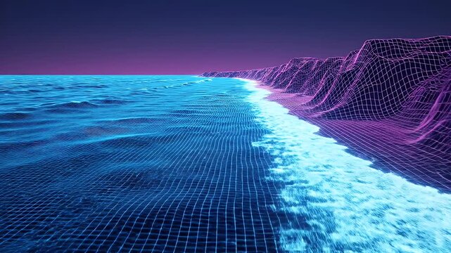 Stunning digital art of a neon ocean and beach landscape at dusk.