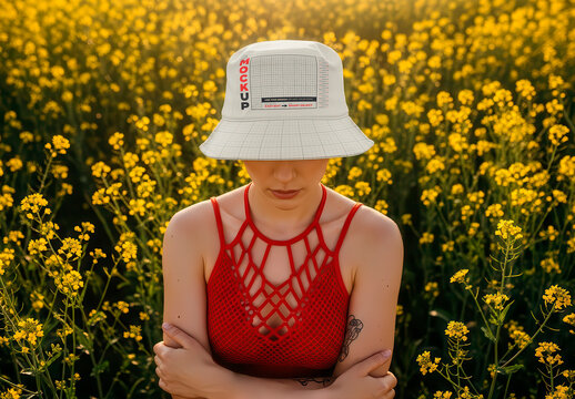 Bucket Hat Girl Model on Flowers Field Mockup