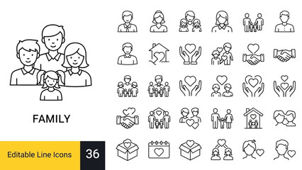 Essential collection of sleek line icons capturing diverse family units, secure relationships, and supportive community interactions, perfect for modern digital design