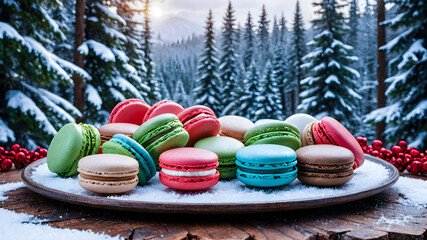 Traditional French colorful macarons against a background of a winter landscape. sweet confectionery based on Christmas tree meringue. New Year celebration