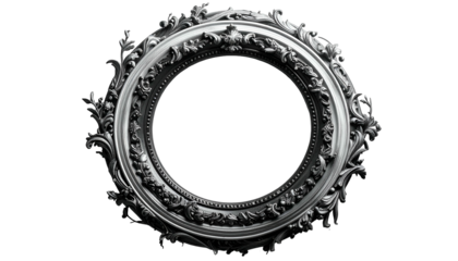 Ornate, circular picture frame, heavily decorated, with a dark background