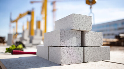 Stack of white construction blocks on a worksite table, with cranes and construction equipment in the background, showcasing building materials and construction process