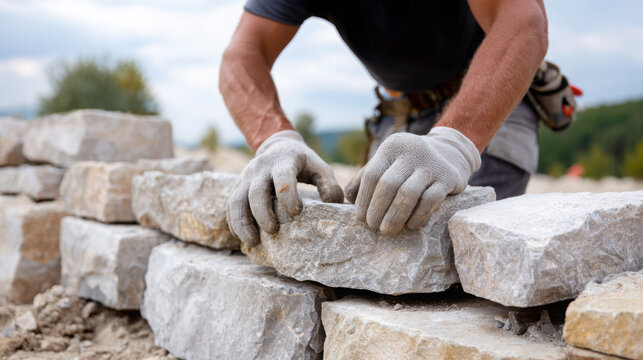 Skilled construction worker, wearing gloves, carefully placing stones in a wall structure, showcasing craftsmanship and dedication to masonry in a natural outdoor setting