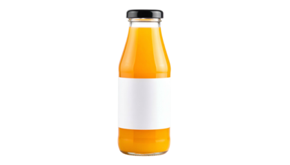 A glass bottle filled with orange liquid, has a black cap and blank label. Isolated