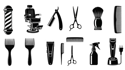 Collection of sleek solid grooming and hair cutting tools, including barber chair, scissors, clippers, razor, brushes, comb, and spray bottle