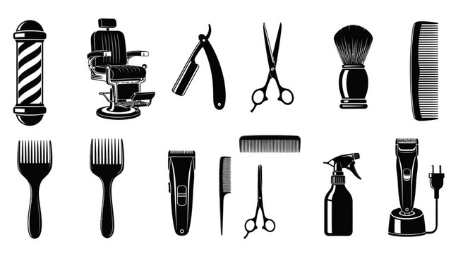 Collection of sleek solid grooming and hair cutting tools, including barber chair, scissors, clippers, razor, brushes, comb, and spray bottle