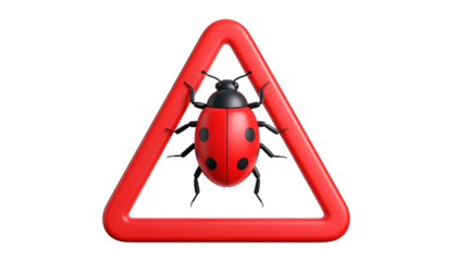 Red ladybug with black spots inside a red warning triangle, black background