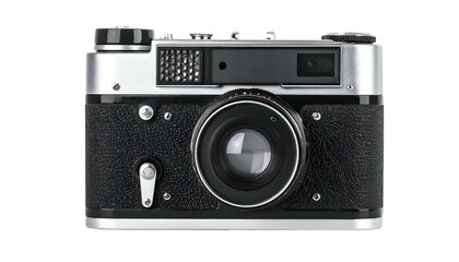 Close-up front view of an old, black and silver 35mm film camera