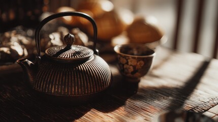Rustic Teapot and Tea Cup still life with Soft Morning Light