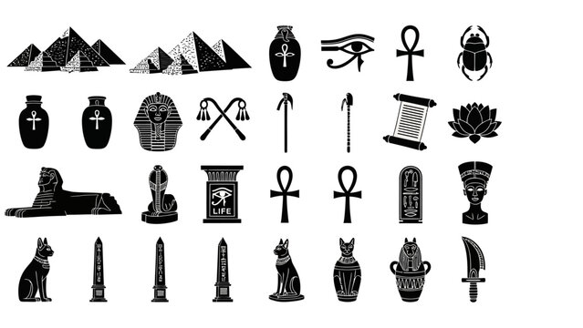 Sleek solid vector icons Ancient Egyptian culture and history. Black and white graphic collection featuring pyramids, sphinx, pharaohs, artifacts, and mythological symbols