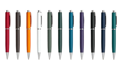 Fototapeta premium A collection of eleven sleek, metallic-tipped ballpoint pens in vibrant and diverse colors
