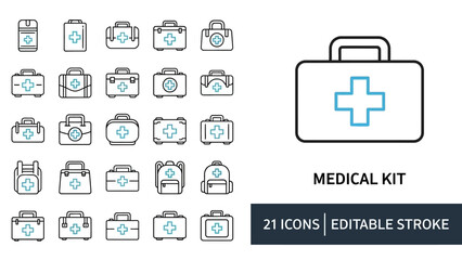 Set of Flat Line Icons for Medical Kit and Health Symbols with Editable Stroke for Web and Mobile Applications