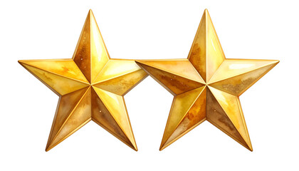 Two gold, five-pointed stars with aged, textured surfaces, isolated on transparent background