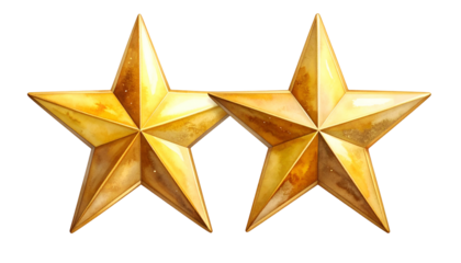Two gold, five-pointed stars with aged, textured surfaces, isolated on transparent background
