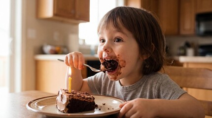 Child enjoying chocolate cake with birthday candle in kitchen  