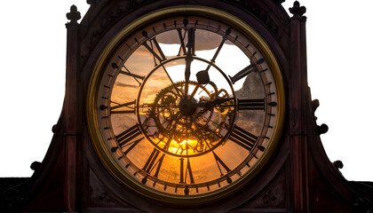 Antique clock, transparent face, exposed gears, sunset visible