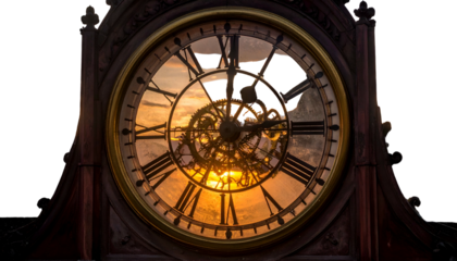 Antique clock, transparent face, exposed gears, sunset visible