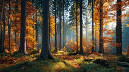 breathtaking wide shot, tranquil autumn forest, soft diffused sunlight filtering through golden and red foliage, serene atmosphere, ultra-realistic photography, high detail, vibrant fall colors