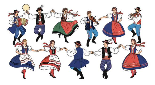 Illustration of people in traditional folk costumes dancing and playing instruments.