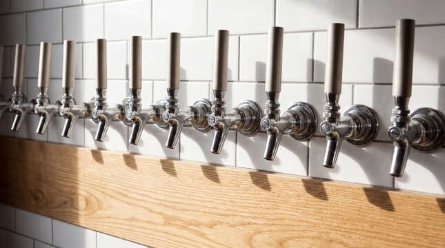 Beer taps lined up on a wooden counter in a modern setting - Powered by Adobe