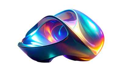 Glossy, iridescent, looping abstract form with a futuristic aesthetic against black