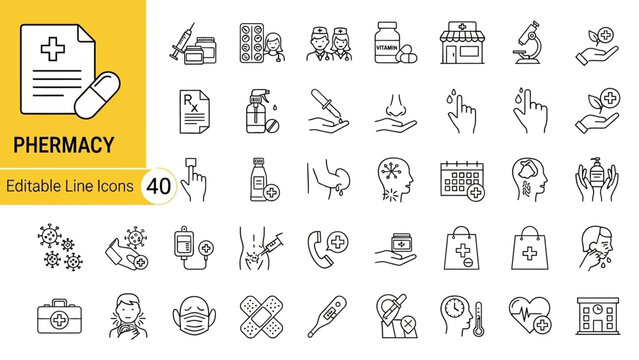 Editable medical and healthcare line icons for design and presentation needs