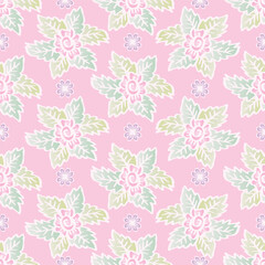 Seamless pattern with pink roses flowers and leaves. Vector illustration.