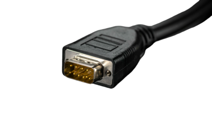 Close-up of a black serial cable connector with nine gold-plated pins on black background