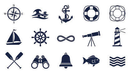 Comprehensive collection of sleek solid vector icons, featuring a variety of nautical and marine symbols for maritime themes, sailing, and ocean exploration designs