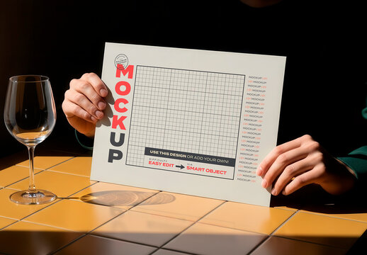 Horizontal Menu Page with Hands and Glass Mockup