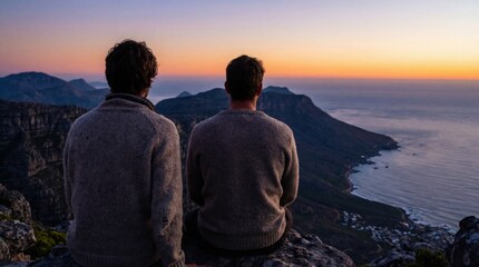 Two friends sitting on cliff above ocean at colorful sunset