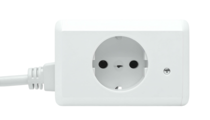 Close-up of a white, European-style electrical outlet with a connected cord