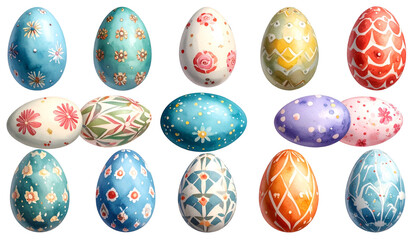 Fifteen vibrantly decorated Easter eggs in various colors and floral or geometric patterns