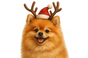 Pomeranian dog smiling, wearing santa hat and reindeer antlers for christmas, transparent background