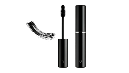 Black mascara tube and brush with swash of product against a dark backdrop