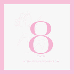 Pink 8 march text on white background with floral outline. International Womens Day concept for greeting card, celebration event, banner, invitation.