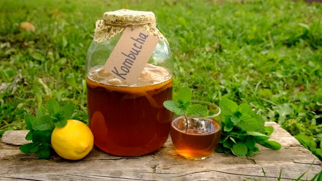 Kombucha in a jar at home. Selective focus.