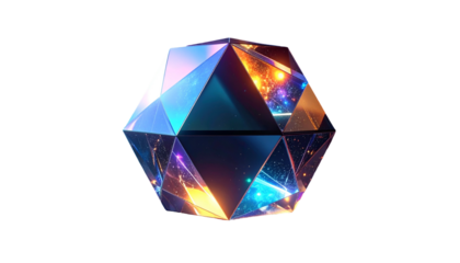 3D geometric object with internal light, reflecting a vibrant cosmos on black background