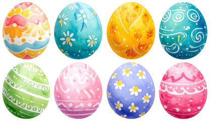 Eight vibrantly decorated Easter eggs in watercolors against a dark background