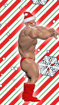 Muscular sexy bodybuilder Santa dancing just with hat, boots and thong. Seamless funny Christmas cartoon vertical video for clubs or parties
