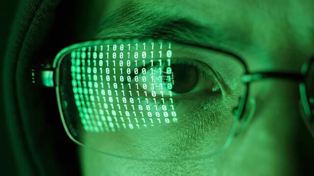 acro view of programmer eyes in eyeglasses with a reflection of scrolling green binary digits. Concept of cyber security, hacking, software development and digital data processing.