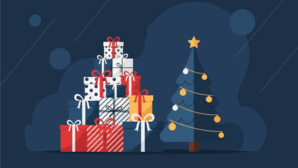 Fototapeta premium A beautifully decorated Christmas tree standing proudly next to a large pile of festive gift boxes, symbolizing the joy and spirit of holiday celebrations and thoughtful giving